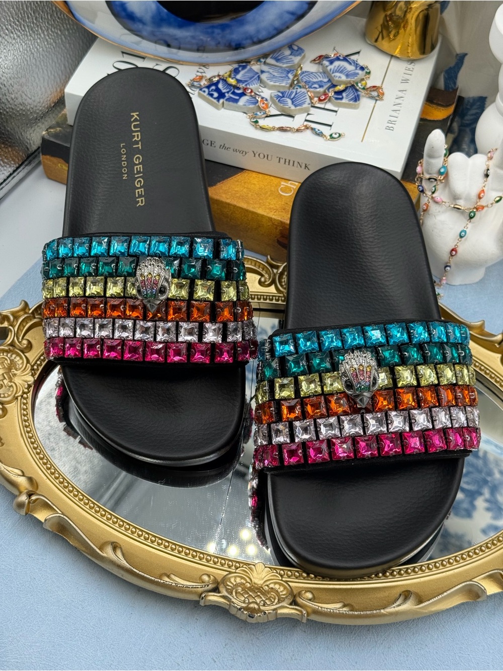🧿🧿 KURT GEIGER LONDON Meena Eagle Jewel Crystal Studded Slide, Black Rainbow - Picture 8 of 14